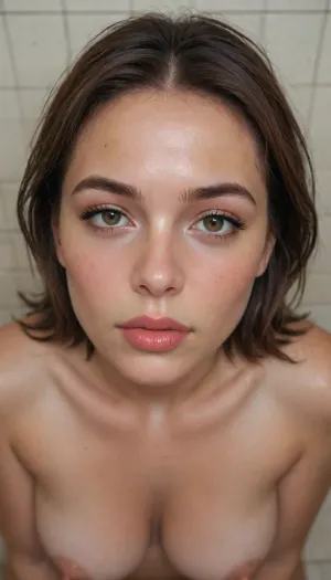 Ultra-realistic photo of a mature chubby milf standing indoors in a modern bathroom with glass shower panels and beige tiled walls. She has short, dark brown bob hair worn down, smooth and glossy. Warm medium-tan skin tone. Oval face with soft, well-defined features, straight nose, full lips slightly parted, and expressive dark brown eyes looking directly at the camera with a calm, confident expression.

Makeup is refined and realistic, even complexion, subtle contour, soft blush, neutral eyeshadow, defined eyeliner, long lashes, and natural nude-pink lips.
Wet chubby yet realistic body proportions, natural anatomy.

Lighting is soft and flattering, coming from above and slightly to the side, highlighting facial structure and skin texture without harsh shadows.

High-resolution photorealism, DSLR camera look, 50–85mm lens, f/1.8, shallow depth of field, sharp focus on the face, realistic skin texture with natural imperfections, true-to-life facial likeness.
