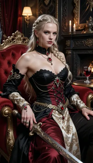 A dark gothic fantasy portrait depicting Anastrasya Karelova alone in a luxurious noble lounge inside Castle Ravenloft. She is a powerful vampire noblewoman, aristocratic, imposing and physically strong, with a broad-shouldered, muscular and statuesque build. Her body should look genuinely strong and buff, while still elegant and feminine. She has very pale skin, long pale blonde hair styled in thick braids with loose waves, sharp refined features, and a proud, cold, commanding expression.

She is seated in a richly carved red velvet armchair in a poised, portrait-like composition, viewed at eye level or only slightly below, not from a dramatic low-angle perspective. The framing should feel like a formal character portrait rather than an action shot. Her posture is relaxed but dominant, radiating authority and confidence.

She wears an elaborate aristocratic outfit in excellent condition, a black and dark burgundy corseted gown with ivory fabric, brocade, gold filigree, red gemstones, layered chains, elegant jewelry, long earrings, rings, and detailed metalwork. Her clothing and adornments are pristine, luxurious and carefully maintained. She rests one hand on an ornate rapier with a decorative swept hilt. Her overall aesthetic is refined, martial, regal and vampiric.

The room is an opulent gothic noble lounge with warm candlelight, a fireplace, dark carved wood, deep red curtains, gilded furniture, blood-red drink in crystal glasses, and aristocratic decor. The atmosphere is intimate, decadent and richly Barovian, with dark romantic horror undertones. Highly detailed fantasy illustration, cinematic lighting, realistic textures, elegant portrait composition, gothic nobility, painterly realism.