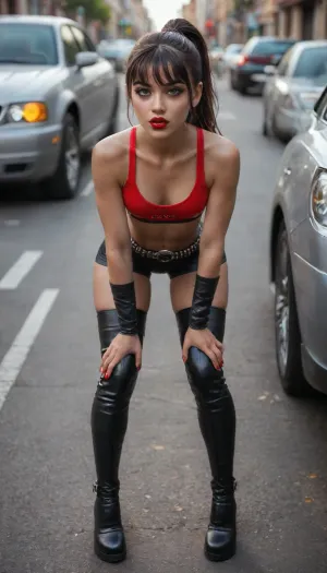 (front view:1.5), (full body view:1.7), girl, european girl, flat, chested, black ponytail with straight bangs, (looks young:1.8), skinny, (glossy red lipstick:1.3), (thigh high boots:1.5), bimbo makeup, studded belt, boots, sitting on a street, close up, breasts, hips, narrow, waist, (thick thighs:1.4), (round bubble butt:1.5), lips, 4ng3l, face, (bent over a car:1.4), (arlequin leggings:1.6), (slim waist), beautiful face, tan skin, (arlequin sports bras:1.6), (narrow waist:1.6), bottomheavy, big, ass, huge, gigantic, thick, thighs, massive, <lora:BodyLicious:2>, <lora:flat_chested_v3.5:1.8>, <lora:bottomheavy_v1_sdxl_LoRA:.8>, <lora:RMSDXL_Photo:.8>