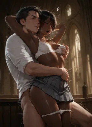Photorealistic, innocent, sexy, beautiful, (she is enjoying being fucked by a white man), (passionate embrace:.9), dynamic pose. The dark-skinned woman is Moaning and screaming as she is Fucked in a church pew., (his face is hidden), creampie. Impregnated., (he is fondling her boobs), (she has a face like Audrey Hepburn), (she is Telugu), (she has very dark black skin), (she is wearing unbuttoned white blouse, white bra, Grey pleated skirt), panties pulled down to her knees., he is wearing a white shirt and brown slacks., (she has long black hair), (she has small breasts), moaning, orgasm, pubic hair, darkness, trembling, <lora:dark:.8>