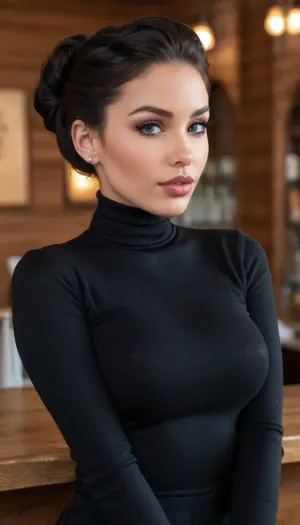 faceshot, close-up profile, 20 year old waitress looking down on viewer friendly, (afro-european), seamless brown skin, lithe skinny bodyshape, updo black hair, black turtleneck pullover, no lipstick, bimbo infladed-lips, solid pullover waitress uniform, duckface, modest casual clothes, goth, large swell of her breasts, half body view, forearm tattoo, elgant face, bimbo-goth, very full lips, hyper-lips, pretty young, perfect face, dimple smirk, pursing her wide lips, friendly eyes, clear bright-blue eyes, shimmering realistic eyes, cute, closeup, lithe body, half body photo, beautiful face, Background is a cozy modern cafe., <lora:Nude_Lips:.5>, <lora:ThePitXL:1>