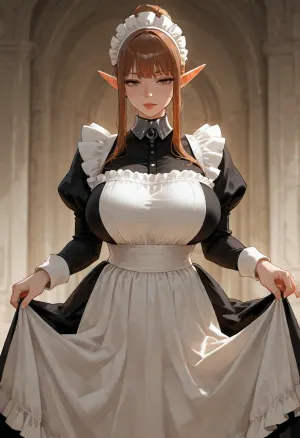Elf MILF, voluptuous, cute face, brown hair, high bun, contrasting lips, iron collar, maid outfit, lifting hem of dress, curtsey