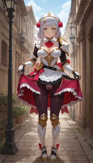 high quality semi-realistic anime render, 1girl, solo, perfect breasts, beauty girl, pubic hair, her, (tiny penis:1), testicles, she stay in fashion model pose..

a beautiful character with balanced proportions and well-made, Noelle from Genshin Impact, she has green eyes, short grey hair with a hair ornament. Wearing maid-style armored dress with a breastplate and apron, armored boots, gauntlets, leggings, and floral accessories, the girl has ivory skin, medium multicolored hair dyed with a mixture of three or more different colors, spiked hair, twintails, blunt bangs, the girl looks confused and silly, blank eyes, awkward smile, she is looking up, is wearing cropped cherry t-shirt, paired with yellow hakama pants, and dark blue thighlet, mahogany boots on the feet, pink brown elbow gloves, brown red newsboy cap, and brown orange choker, also dark purple thighlet.

-.
The full scenery is a dreamy and cheerful cityscape bursting with cute, kawaii, and girly elements, where buildings in pink, lavender, and mint green create a whimsical atmosphere, the architecture is decorated with cute details, puffy clouds and rainbow-like arches span across bridges, lamp posts resemble lollipops, and cute cafes with oversized desserts line the streets