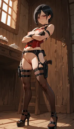 ada wong, re4r, medium breast, nipples, solo, manicure, petite build, calm and focused, (young:1.5), a dilapidated hut, semi-darkness, gray tones, red corset, crossed her arms over her stomach, high platform heels, stockings, harness, irritation, discomfort, suffers, anus, standing, holster, pouch, gloves, pistol