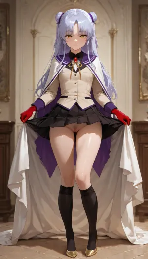 high quality semi-realistic anime render, 1girl, solo, perfect breasts, beauty girl, pubic hair, clitoris, she stay in fashion model pose, cozy girl bedroom.

a beautiful character with balanced proportions and well-made, Tachibana Kanade from Angel Beats, she has yellow eyes, white long hair, flat chest. Wearing school uniform, beige blazer with long sleeves, a yellow string neck ribbon with a red gem in the center, black miniskirt, white kneehighs, the girl has ivory skin, medium auburn hair, spiked hair, double buns, arched bangs, the girl is confident, upright posture, steady gaze, slight smile, she is looking at self, is wearing bronze high-low dress, high-low hemline in front, floor-length in back, paired with black harem pants, loose-fitting pants with a dropped crotch and tapered legs, gathered at the ankles, and ruby knee length socks, golden pumps on the feet, scarlet lace gloves, dark purple hair accessory, and pink violet locket, also cream cape.

-.
The full scenery is a mosaic-adorned park with whimsical structures and vibrant tiles
