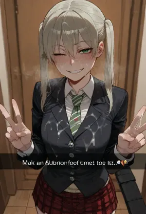 (ratatatat74), (Maka Albarn, petite), peace sign, smile, wink, bukkake, covered in cum, excessive cum, selfie, snapchat, <lora:ratatatat74-000050:2>