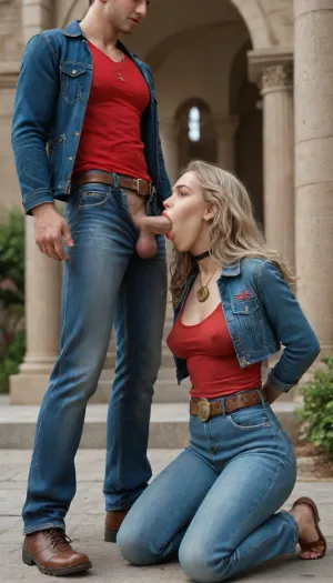 photo of beautiful 1woman and 1man 22 years, (1man in denim jacket with long sleeve and jeans and red tank shirt and male medallion with belt:1.4), the women make blowjob to man with attactive face, show full body, women kneeling and doing blowjob to full clothes stranger man, kneeling, squatting, bent over waist, (blowjob:1.4), very long silky platinum blonde long wavy hair, blue eyes, red lipstick, choker, wear denim jacket with long sleeve and jeans and sexy with belt full body view, natural sagging medium tits, big areolas, (natural sagging medium breasts:1.3), extra_wide_hips, Slightly body, (arch back chest thrust out), (legs wide open standing), standing walking in living public, best quality, ultra-detailed, masterpiece, finely detail, highres, 8k wallpaper, thick athletic sharp, textured skin, perfect body, gorgeous face, beautiful face, see-through, leotard, shadow of lite smile, random sides view, back view, frontal view, outdoor, one leg stand on Bordüre, sharp contrast lighting, green, eyes, blue, brown, perfecteyes, woman, sucking, a, cock, <lora:PerfectEyesXL:2>, <lora:detailed_notrigger:2>, <lora:WTS - WhatTheSuck - v1:2>