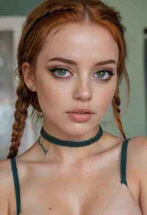 Woman, One, 20 Years old, Latina, Dutch, Italian, Skinny, Colored tattoos, Small breasts, Skinny thighs, Small ass, Makeup, Long eyelashes, Busty lips, Big eyes, Beauty face, Cute face, Ginger hair, Braided hair, Green eye color, Naked, Choker, green, eyes, blue, brown, perfecteyes, detailxl, 4ng3l, face, <lora:PerfectEyesXL:.5>, <lora:SDXL_BetterFaces-LoRA_v1:.5>
