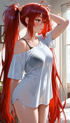 ((photo realistic, masterpiece, high resolution, maximum detail, score_9)), Original character, named Daisy, Latina, 18, petite, toned body, ((narrow face, beautiful face, detailed face)), ((freckles on face)), natural light makeup, green eyes, almond shaped eyes, ((excessively long red hair, hyper long red hair, hair goes past her knees)), natural large breasts, ((standing in her bedroom, tying hair up in twin tails)), ((oversized plain shirt, shirt off one shoulder, black bra strap showing, no pants)), ((view from the side, view showing the side of the women))