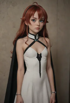 Solo, (Eris Boreas Greyrate from Mushoku Tensei), (Eris is short 5yo), (Eris has a small 5yo body), vibrant red hair, blue eyes, perfectly detailed eyes, huge almond eyes, young face, feminine face, detailed face, she's dress, detached, sleeves, sleeveless, bracelet, bare, shoulders, cape, perfect skin, (small breasts), narrow waist, petite, skinny, a beautiful protruding maiden's pubic area with a narrow pussy, pubic hair, She's in a large royal manor, Eris_Greyrat, eris, greyrat, ((visible height difference:1.6)), Dutch angle, <lora:ahxl_v1:2>, <lora:Eris_Greyrat_XL-10:2>, <lora:eris_greyrat-000007:2>