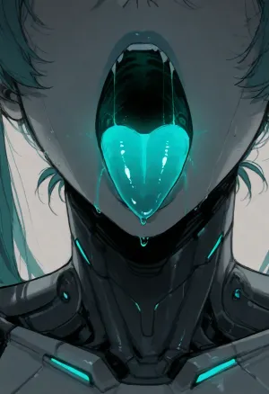 (ratatatat74), (Hatsune Miku, emotionless, plastic skin, robot joints, glowing mouth, glowing throat), solo, mouth focus, mouth fetish, open mouth, tongue out, close-up, simple background, <lora:ratatatat74-000050:2>