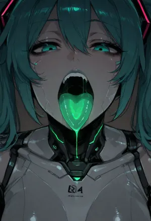 (ratatatat74), (Hatsune Miku, emotionless, plastic skin, robot joints, illuminated mouth, glowing mouth, glowing throat), solo, mouth focus, mouth fetish, sucking mouth, open mouth, tongue out, simple background, <lora:ratatatat74-000050:2>