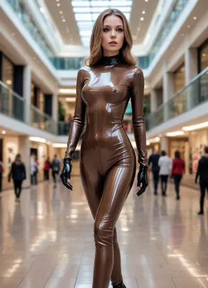 A woman in a latex catsuit—made of thin, skin-tight, transparent-brown latex with black piping—walks elegantly through a shopping mall.