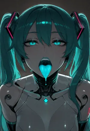 (ratatatat74), (Hatsune Miku, emotionless, plastic skin, robot joints, illuminated mouth, glowing mouth, glowing throat), solo, mouth focus, mouth fetish, open mouth, tongue out, simple background, <lora:ratatatat74-000050:2>