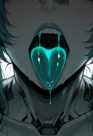 (ratatatat74), (Hatsune Miku, emotionless, plastic skin, robot joints, glowing mouth), solo, mouth focus, mouth fetish, open mouth, tongue out, close-up, simple background, <lora:ratatatat74-000050:2>