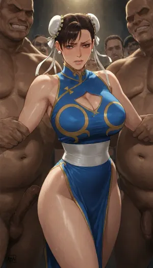 Chun-li from street fighter video game series, black Chinese dress, sweating, crying, wet body, ultra detailed, she's crying, tears, she's suffering, teeth clenched, she's terrified, high resolution, uncensored, hyper-detailed outfit, Oda non style and azasuke wind art style, oda_non art style and azasuke_wind art style, tied, surrounded by fat men, held by the arms by a large man, zoom on her breasts, <lora:add-detail-xl:2>, <lora:shinkiro_XL_v2:2>, <lora:style61-a31-000015:2>
