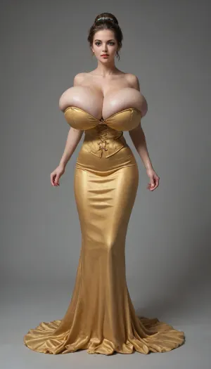 {Princess belle}, Full-body photo, Very skinny waist, gigantic breasts, breast expansion, breast overhang, breasts straining against top, {tight corset, golden/yellow ball gown}, bulging boobs, stretched top, studio background, ginormous breasts, soft breast, very massive breasts, clothes squeezing boobs, Tight bodice, gigantic mommy milkers, extreme breast overhang, slim build