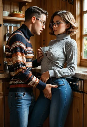 ((24 yo woman, light-skinned, with short brown curley hair and wears rectangular glasses with black rim. She has a friendly expression. She is wearing a gray, patterned sweater with a high collar and dark-wash blue jeans, she standing against the wall in a cottage kitchen)), (man checking pussy), ((very large boobs)), one breast falling out torn sweater, cleavage, ((man is violently groping her breast+pinning her against the wall)), ((extremely sad facial expression)), ((panicking)), (looking at man with fear+annoyance), perfect hands, perfect fingers, perfect anatomy, realistic skin, skin pores freckles moles blemishes wrinkles