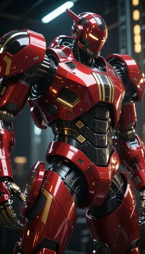 Make a picture of a futuristic Giant mecha robot in glossy red with black and gold stripes, (image size 9:16), cinematic shot, dynamic lighting, 75mm, Technicolor, Panavision, cinemascope, sharp focus, fine details, 8k, HDR, realism, realistic, key visual, film still, cinematic color grading, depth of field.