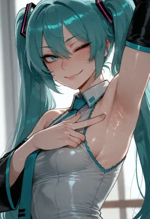 (ratatatat74), (hatsune miku), solo, armpit fetish, sweaty armpit, smile, wink, peace sign, looking at viewer, side view, <lora:ratatatat74-000050:2>