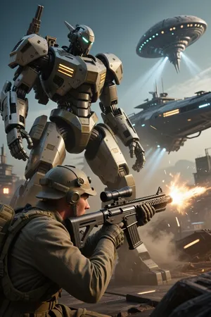 Make a picture of a Giant mecha military robot snipers aiming at an alien mothership, cinematic shot, dynamic lighting, 75mm, Technicolor, Panavision, cinemascope, sharp focus, fine details, 8k, HDR, realism, realistic, key visual, film still, cinematic color grading, depth of field.