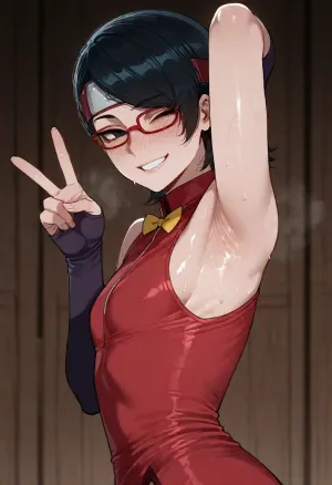 (ratatatat74), (Uchiha_Sarada), solo, armpit fetish, sweaty armpit, smile, wink, peace sign, looking at viewer, side view, <lora:ratatatat74-000050:2>