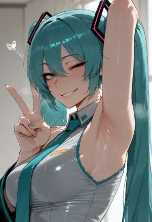 (ratatatat74), (hatsune miku), solo, armpit fetish, sweaty armpit, smile, wink, peace sign, looking at viewer, side view, <lora:ratatatat74-000050:2>