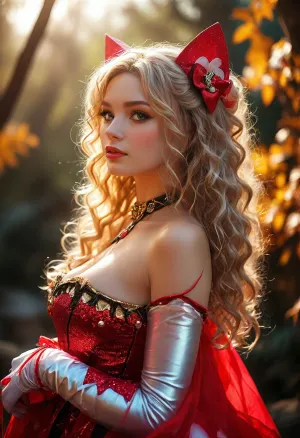 [KTA], (Dark Fantasy Artwork), luminous shadow, artistic, low angle, close up, outdoor, (cosplay:2), HelloKitty, belle high female, 40 yo, arched back, european, her long hair is styled in loose curls, warm skin tone, accessories, natural beauty, /KlTTY-ART/, <lora:COMFYUI_mimic_landscape_-_XL_SDXL v2.0:.5>, <lora:MJ52:.5>