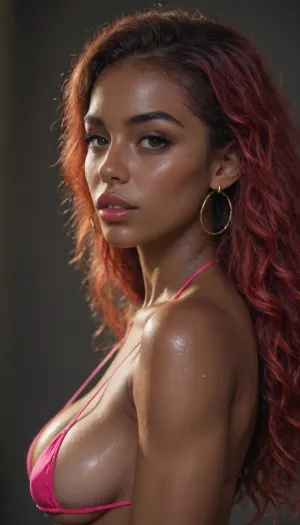 18+, african girl, (pitch black skin:1.8), hdr, blush, wet skin, sweaty, light red hair, extremely beautiful, extremely, perfect face, perfect skin, long eyelashes, thick eyelashes, (side view:1.3), shiny pink lip gloss, gold earrings, big lips, (perfect round a-cup breast:1.3), slim butt, butt sticking out, looking at viewer, boss office, wering sexy hot bikini, athletic body