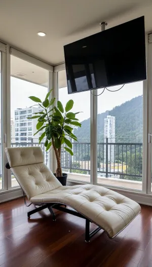 The scene is a high-rise apartment, skyscraper, large floor to ceiling windows, aged mahogany floors, there is a thick cushioned ergonomic cream colored leather chaise lounge, a large Epipremnum aureum, money plant, a 75 inch TV is hanging from the ceiling the 12ft ceiling, a balcony, far in the distance is a mountain that is deeply forested.
