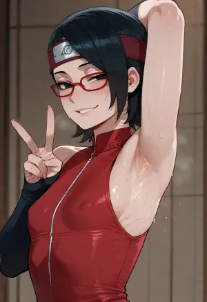 (ratatatat74), (Uchiha_Sarada), solo, armpit fetish, sweaty armpit, smile, wink, peace sign, looking at viewer, side view, <lora:ratatatat74-000050:2>