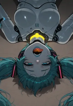 (ratatatat74), (Hatsune Miku, emotionless, plastic skin, robot joints, illuminated mouth, glowing mouth, glowing throat), solo, laying down, upside-down, mouth focus, mouth fetish, sucking mouth, open mouth, tongue out, simple background, <lora:ratatatat74-000050:2>