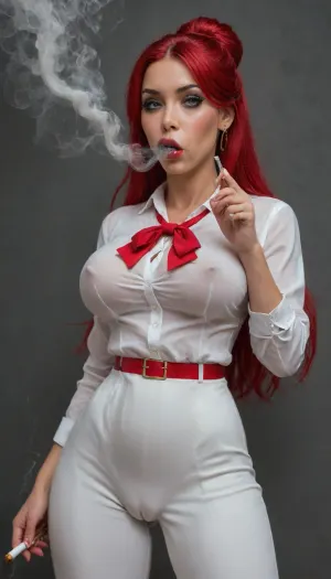 ((professional photho style)), (bimbo slut:1.8), hdr, one girl, blush, pointy nose, perfect face, perfect skin, thick eyelashes, size six large breasts, very huge cleavage, solo, (red hair:1.4), long hair in bun, bangs, seductive gaze, horny, (swollen labia, cameltoe:1.6), (long big thick black eyelashes), (mascara for long lashes:1.2), (intense black eyeliner:1.2), (black intense eyeshadow colours:1.2), (insanely waist:1.8), (wide hip), big open eyes, eyes wide open, busty thick lips in red lipstick, (dynamic sexy pose), puffy nipples, hourglass figure, thighs, extremely beautiful face, heavy eye shadow, perfect fingernails, thigh gap, (wet white tied blouse, wet white pants, red belt, red bow-tie), (pants soaked with urine:1.2), Presidential apartments, (Tan lines:1.2), (holding a 1 smoking cigarette), (blowing a lot smoke from mouth:2.2)