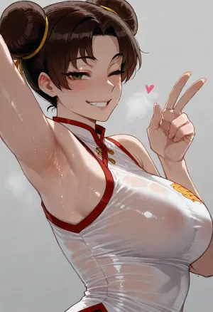 (ratatatat74), (Tenten), solo, armpit fetish, sweaty armpit, smile, wink, peace sign, looking at viewer, side view, <lora:ratatatat74-000050:2>