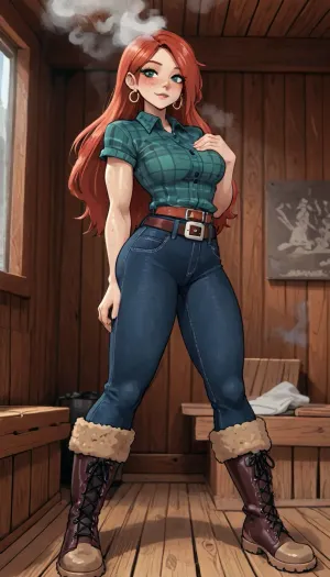 (innv meets jack cayless style), (reiq style, masterpiece, cel-shaded, limited color palette), ((Beautiful Muscles Sexy Wendy corduroy from Gravity Falls anime body:1.4)), (1girl, solo, alone, 21 year old woman), (long reddish hair just past her hips), (gorgeous, seductive face, green eyes, freckles, perfect ads, perfect breast, muscles are well defined, muscles body, muscles arms, perfect hands, muscles legs, perfect ass, sweaty body), (green plaid shirt), (dark blue jeans), (green stub earrings), (Belt), (muddy rain boots), (standing), (steam, wood, smoke, sauna background), ultraviolet light, LoL, Style, lineart, line, art, flat, colors, color, <lora:LCMTurboMix_Euler_A_fix:2>, <lora:lineartSDXL:2>, <lora:mk_Bp Anime_xl:2>, <lora:EnvyBeautyXL02:2>