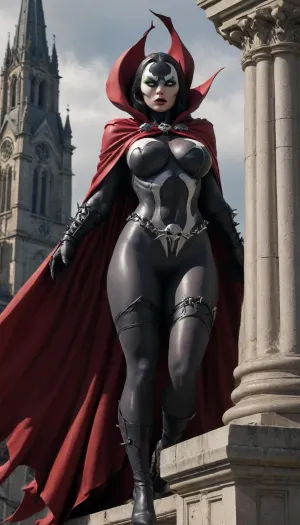 Spawn comic book character, female, beautiful, sensual, huge breasts, slim body, black self-supporting stockings, full figure, cape blowing in the wind, bowing on a cathedral roof, holding onto a stone pillar, spawn_style, spawn, evang, <lora:SPAWN_XL:1.1>