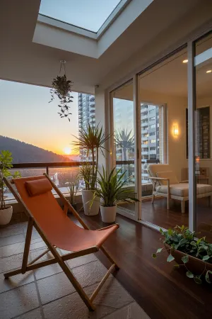 The scene, looking out at the sunset on the corner balcony of a 12 ft ceiling apartment, large floor to ceiling windows, skyscraper, focus on the outside, stone floors on the outside, mahogany wood floors on the inside, inside is an open floor style floorplan, a cream colored lounge chair is on the inside, a burnt-ornange deck chair is on the outside. SEVERAL PLANTS are on the inside and outside of the apartment, [types of plants include a matured mix of the following], (Epipremnum aureum), (Dracaena trifasciata), (Philodendron scandens), (Hedera helix), far in the distance is a mountain that is deeply forested, one of the plants hangs from the ceiling. The balcony is half ceiling half skylight.