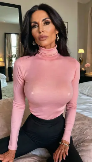 Close up, (two mature women, very slim, muscular, fitted pink turtleneck sweaters, high-waisted black trousers, ankle boots, delicate jewelry, natural brows, soft eyeliner, subtle bronzer, glossy nude lips, tousled hair, confident, stylish, relaxed, bedroom setting, warm natural light, fashion editorial), Sitting on my bed seductively, sexy hands, showing off lips, long dress, seductive face, skinny fit, anorexic, close up, photoshoot posing, ballerina, ((55yo old skin woman)), choker, tattoos, sexy neck, (tan skin), (fit body:1.3), (beautiful black hair Jewish milf instagram model face), (fit body), very beautiful, perfect skinny body, perfect face, looking at the camera, perfect eyes, (skinny fit), pretty, snub-nosed, long hair, <lora:clothed_small:1.8>, <lora:ThePitXL:.8>, large, breasts, big, boobs, huge, tits, <lora:bombshell_v2:.8>, bmbplora, <lora:bimboxl_02:.8>