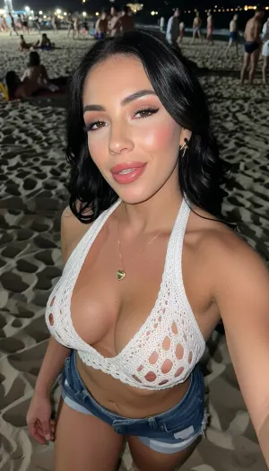 Selfie photo
Night beach A 35-year-old bimbo russian, cute, (full lips, slut makeup), very busty, curvy, sexy dimples, and a slender, curvy figure—featuring full, breasts visible through her neckline—walks along a sandy beach, angled slightly toward the camera while taking a close-up selfie from above. She wears a white, deep-V halter top with a very chunky, highly sheer crochet texture and thin straps, accessorized with a gold heart-pendant necklace and gold dolphin earrings. She is dressed in short, cut-off denim shorts. Her long, wavy, dark black hair frames her face, and she offers a sultry smile with her mouth slightly parted. The shot frames her from the chest up from a slightly elevated angle—also revealing her crotch area to create an intimate selfie aesthetic. Copacabana Beach and numerous people in beachwear are visible in the background, the woman is centered and in sharp focus, while the background gently blurs.