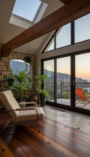 The scene, looking out at the sunset on the corner balcony of a 12 ft ceiling apartment, large floor to ceiling windows, skyscraper, focus on the outside, while balcony has stone floors, the interior which is an open floorplan with aged mahogany wood floors, a cream colored lounge chair is on the inside, a burnt-ornange deck chair can be found on the outside, large ceiling beam goes across the ceiling, stone arch, SEVERAL MATURED PLANTS are on the inside and outside of the apartment, [types of plants include a matured mix of the following], (Epipremnum aureum), (Dracaena trifasciata), (Philodendron scandens), (Hedera helix), far in the distance is a mountain that is deeply forested, one of the plants hangs from the ceiling. The balcony is half ceiling half skylight.