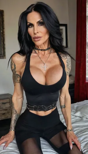 Close up, (mature adult woman, extremely slender muscular physique, defined abs, narrow waist, toned arms, sculpted legs, pale skin, messy black hair, smoky eye makeup, subtle piercings, gothic tattoos, fitted low-cut athletic top, pronounced neckline, tight dark workout shirt, sheer layered fabric, high-waisted leggings, silver chains, chunky platform boots, confident pose, edgy), Sitting on my bed seductively, sexy hands, showing off lips, long dress, seductive face, skinny fit, anorexic, close up, photoshoot posing, ballerina, ((55yo old skin woman)), choker, tattoos, sexy neck, (tan skin), (fit body:1.3), (beautiful black hair Jewish milf instagram model face), (fit body), very beautiful, perfect skinny body, perfect face, looking at the camera, perfect eyes, (skinny fit), pretty, snub-nosed, long hair, veins, pump, up, <lora:clothed_small:1.8>, <lora:veins pump up lora.TA_trained:.8>, <lora:ThePitXL:.8>, large, breasts, big, boobs, huge, tits, <lora:bombshell_v2:.8>, bmbplora, <lora:bimboxl_02:.8>
