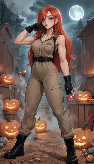(innv meets jack cayless style), (reiq style, masterpiece, cel-shaded, limited color palette), ((Beautiful Muscles Sexy Wendy corduroy from Gravity Falls anime body:1.4)), (1girl, solo, alone, 21 year old woman), (long reddish hair just past her hips), (gorgeous, seductive face, green eyes, freckles, perfect ads, perfect breast, muscles are well defined, muscles body, muscles arms, perfect hands, muscles legs, perfect ass, sweaty body), (Ghostbusters jumpsuit tan color Costume:1.3), (Ghostbusters black gloves), (Ghostbusters stub earrings), (Ghostbusters brown boots), (Proton Pack with a proton gun:1.1), (Ghostbusters Belt), (trick or treat pose), (Halloween Candy, ghost, jack o lanterns pumpkins, candy, blood, moon, steam, wood, smoke, sauna background), ultraviolet light, LoL, Style, lineart, line, art, flat, colors, color, Ghostbuster1024, in, a, costume, <lora:LCMTurboMix_Euler_A_fix:2>, <lora:lineartSDXL:2>, <lora:mk_Bp Anime_xl:2>, <lora:FF-Halloween-Full:2>, <lora:Ghostbuster1024:.8>