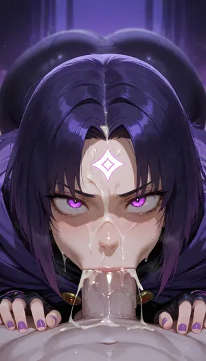 1girl, Raven, Titans, 32, big eyes, glowing eyes, glowing diamond gem on forehead, purple hair, pale skin, purple cloak, sucking green viewer pov, (deepthroat deep), (face against crotch), cum flowing on equine penis, (facialized, excessive cum on face), hands on crotch, fingerless gloves, purple nail polish, entirely glowing purple background, closeup