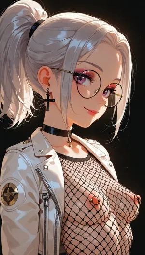 silver hair, ponytail hairstyle, round glasses, makeup, cross earrings, choker, a white leather short jacket closed fastened, smile, no bra, calm and focused, (young:1.5), medium breast, nipple piercing, a thin dark mesh top, black background