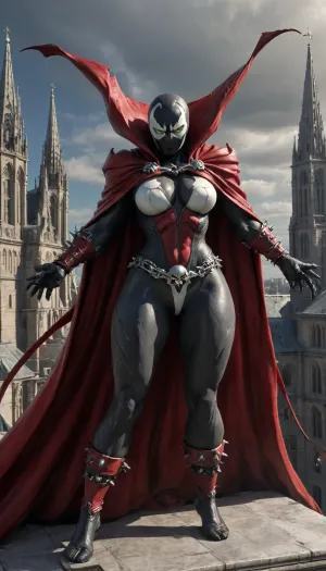 Spawn comic book character, female, huge breasts, full figure, cape blowing in the wind, bowing on a cathedral roof, spawn_style, spawn, evang, <lora:SPAWN_XL:.9>