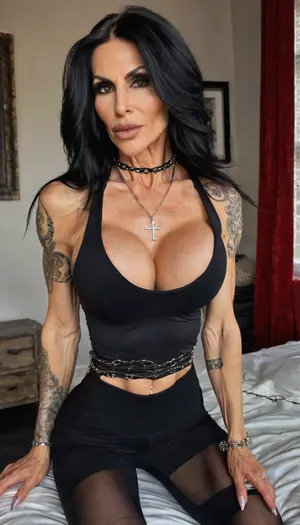 Close up, (mature adult woman, extremely slender muscular physique, defined abs, narrow waist, toned arms, sculpted legs, pale skin, messy black hair, smoky eye makeup, subtle piercings, gothic tattoos, fitted low-cut athletic top, pronounced neckline, tight dark workout shirt, sheer layered fabric, high-waisted leggings, silver chains, chunky platform boots, confident pose, edgy), Sitting on my bed seductively, sexy hands, showing off lips, long dress, seductive face, skinny fit, anorexic, close up, photoshoot posing, ballerina, ((55yo old skin woman)), choker, tattoos, sexy neck, (tan skin), (fit body:1.3), (beautiful black hair Jewish milf instagram model face), (fit body), very beautiful, perfect skinny body, perfect face, looking at the camera, perfect eyes, (skinny fit), pretty, snub-nosed, long hair, veins, pump, up, <lora:clothed_small:1.8>, <lora:veins pump up lora.TA_trained:.8>, <lora:ThePitXL:.8>, large, breasts, big, boobs, huge, tits, <lora:bombshell_v2:.8>, bmbplora, <lora:bimboxl_02:.8>