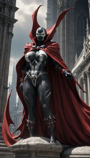 Spawn comic book character, female, huge breasts, full figure, cape blowing in the wind, bowing on a cathedral roof, holding onto a stone pillar, spawn_style, spawn, evang, <lora:SPAWN_XL:.9>