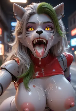 Roxanne Wolf from fnaf, anthro, saliva, open mouth, huge breasts, nipple piercing, plastic skin, robotic joints, glowing eyes, neon club, glossy skin, cum on face, cum in mouth, big fangs, wild look, in midair