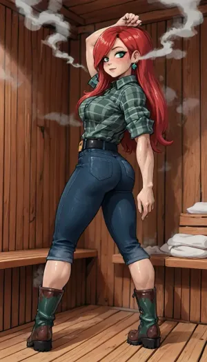 (innv meets jack cayless style), (reiq style, masterpiece, cel-shaded, limited color palette), ((Beautiful Muscles Sexy wendy corduroyfrom Gravity Falls anime body:1.6)), (1girl, solo, alone, 21 year old woman), (long red hair just past her hips), (gorgeous, seductive face, green eyes, freckles, perfect ads, perfect breast, muscles are well defined, muscles body, muscles arms, perfect hands, muscles legs, perfect ass, sweaty body), (green plaid shirt), (dark blue jeans), (green stub earrings), (Tactical Equipment Belt), (muddy rain boots), (fornt standing pose), (steam, wood, smoke, sauna background), ultraviolet light, LoL, Style, lineart, line, art, flat, colors, color, <lora:LCMTurboMix_Euler_A_fix:2>, <lora:lineartSDXL:2>, <lora:mk_Bp Anime_xl:2>, <lora:EnvyBeautyXL02:2>, <lora:GravityFalls_Style:.8>