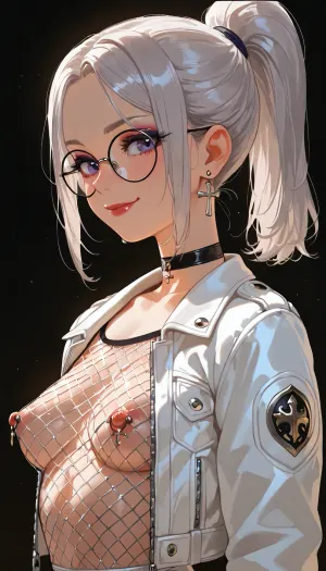 silver hair, ponytail hairstyle, round glasses, makeup, cross earrings, choker, a white leather short jacket closed fastened, smile, no bra, calm and focused, (young:1.5), medium breast, nipple piercing, a thin dark mesh top, black background